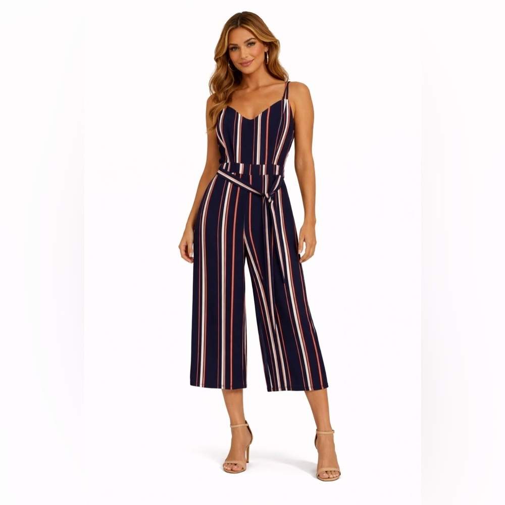 Striped Wide Leg Jumpsuit Belted Navy Pink Resort Vacation Crave Fame Medium